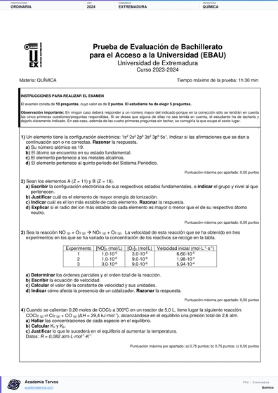 Vista previa de Examen PAU de Química de Extremadura 2024 – Ordinaria