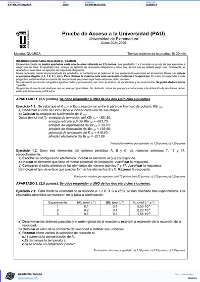 Vista previa de Examen PAU de Química de Extremadura 2025 – Extraordinaria