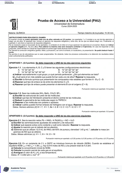 Vista previa de Examen PAU de Química de Extremadura 2025 – Ordinaria