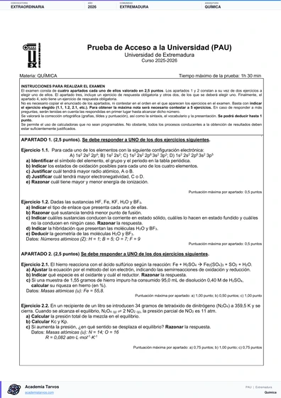 Vista previa de Examen PAU de Química de Extremadura 2026 – Extraordinaria