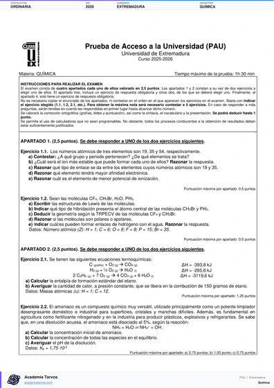 Vista previa de Examen PAU de Química de Extremadura 2026 – Ordinaria