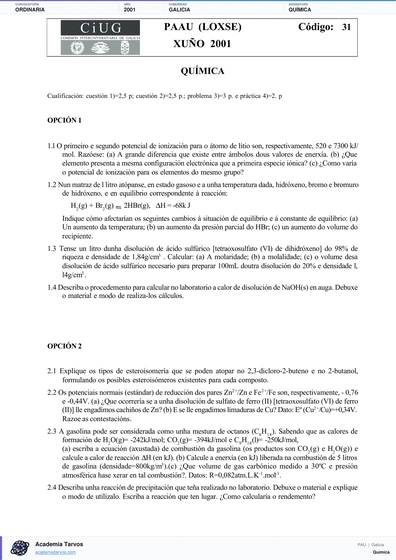 Vista previa de Examen PAU de Química de Galicia 2001 – Ordinaria