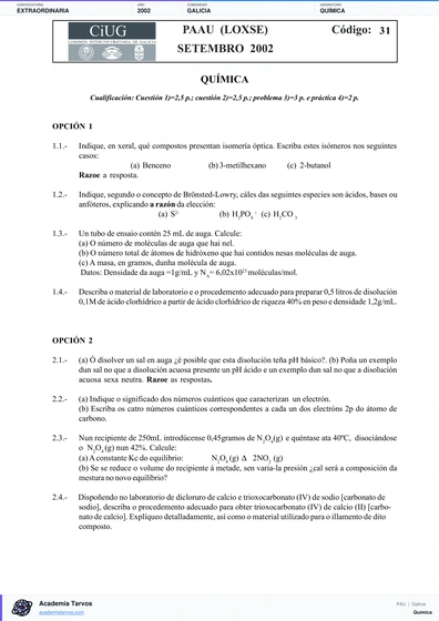 Vista previa de Examen PAU de Química de Galicia 2002 – Extraordinaria