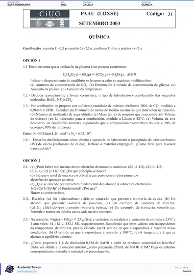 Vista previa de Examen PAU de Química de Galicia 2003 – Extraordinaria