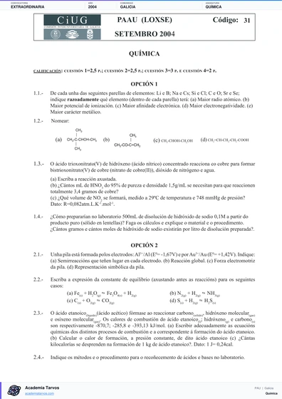 Vista previa de Examen PAU de Química de Galicia 2004 – Extraordinaria