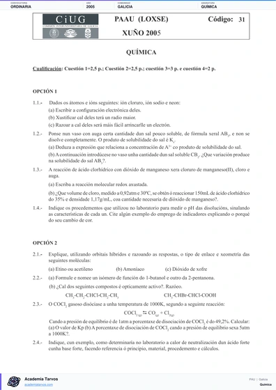 Vista previa de Examen PAU de Química de Galicia 2005 – Ordinaria