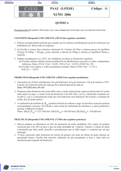 Vista previa de Examen PAU de Química de Galicia 2006 – Ordinaria