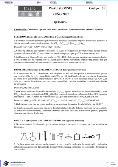 Vista previa de Examen PAU de Química de Galicia 2007 – Ordinaria