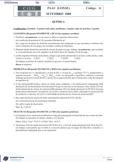 Vista previa de Examen PAU de Química de Galicia 2008 – Extraordinaria