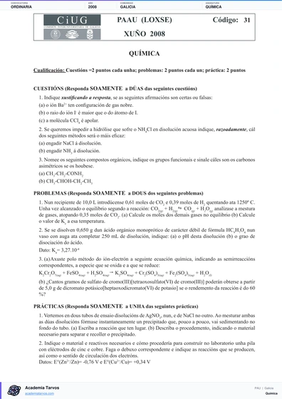 Vista previa de Examen PAU de Química de Galicia 2008 – Ordinaria