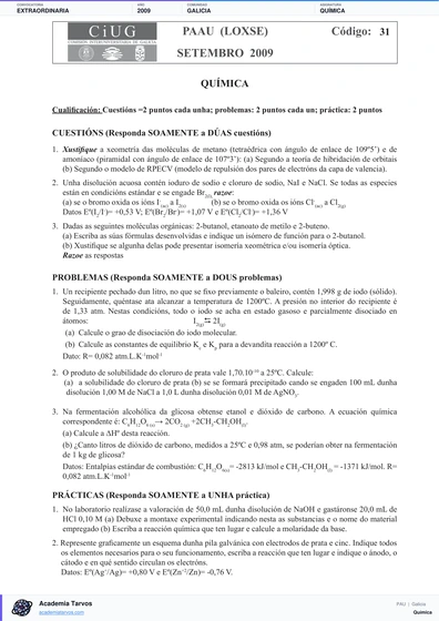 Vista previa de Examen PAU de Química de Galicia 2009 – Extraordinaria