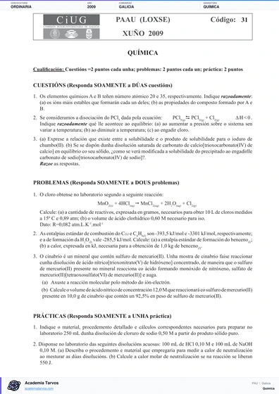 Vista previa de Examen PAU de Química de Galicia 2009 – Ordinaria