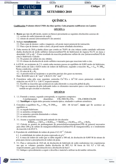 Vista previa de Examen PAU de Química de Galicia 2010 – Extraordinaria