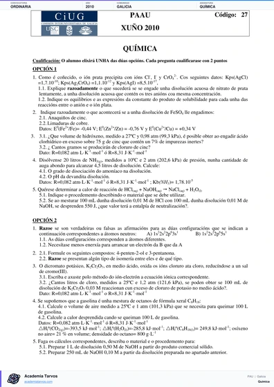 Vista previa de Examen PAU de Química de Galicia 2010 – Ordinaria