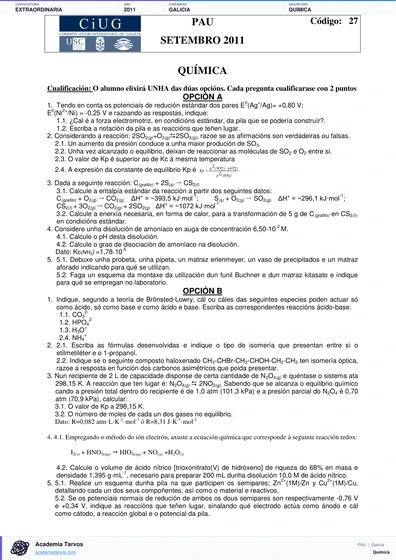 Vista previa de Examen PAU de Química de Galicia 2011 – Extraordinaria