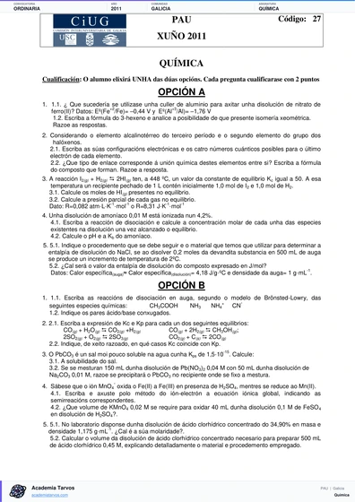 Vista previa de Examen PAU de Química de Galicia 2011 – Ordinaria