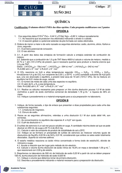 Vista previa de Examen PAU de Química de Galicia 2012 – Ordinaria