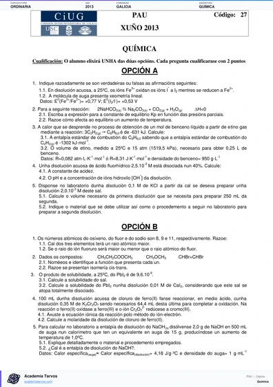 Vista previa de Examen PAU de Química de Galicia 2013 – Ordinaria