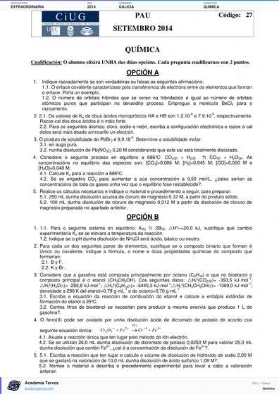 Vista previa de Examen PAU de Química de Galicia 2014 – Extraordinaria