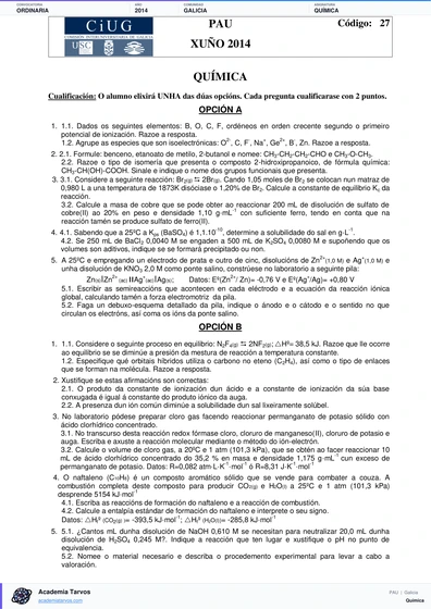 Vista previa de Examen PAU de Química de Galicia 2014 – Ordinaria