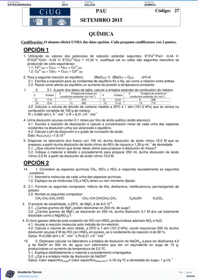 Vista previa de Examen PAU de Química de Galicia 2015 – Extraordinaria