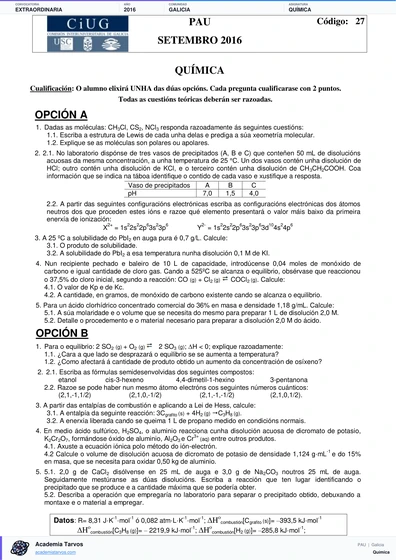 Vista previa de Examen PAU de Química de Galicia 2016 – Extraordinaria