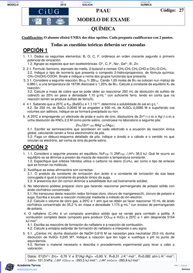 Vista previa de Modelo PAU de Química de Galicia 2016