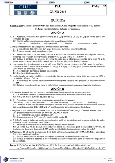 Vista previa de Examen PAU de Química de Galicia 2016 – Ordinaria