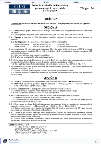 Vista previa de Examen PAU de Química de Galicia 2017 – Ordinaria