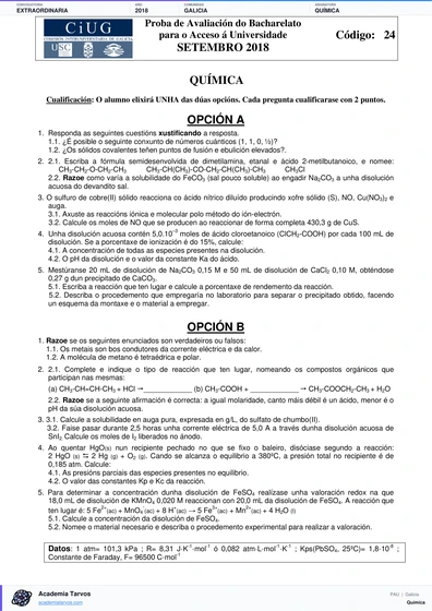 Vista previa de Examen PAU de Química de Galicia 2018 – Extraordinaria