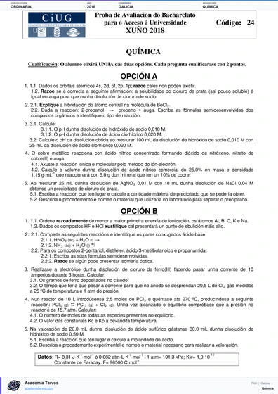 Vista previa de Examen PAU de Química de Galicia 2018 – Ordinaria