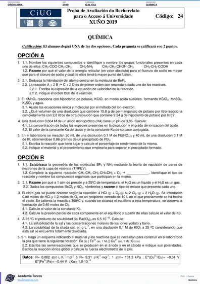 Vista previa de Examen PAU de Química de Galicia 2019 – Ordinaria