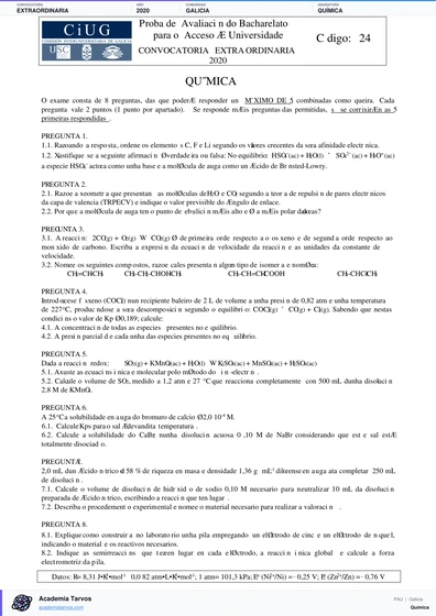 Vista previa de Examen PAU de Química de Galicia 2020 – Extraordinaria