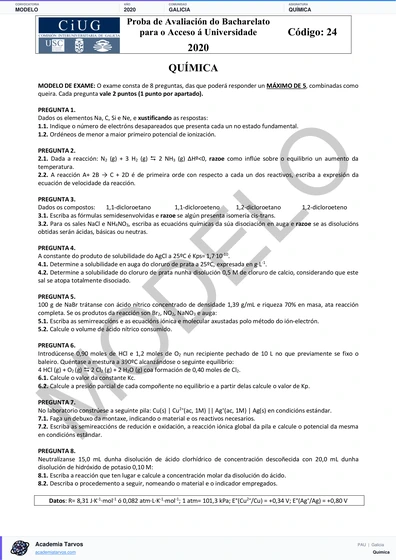 Vista previa de Modelo PAU de Química de Galicia 2020
