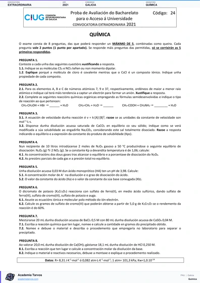 Vista previa de Examen PAU de Química de Galicia 2021 – Extraordinaria