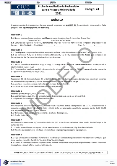 Vista previa de Modelo PAU de Química de Galicia 2021