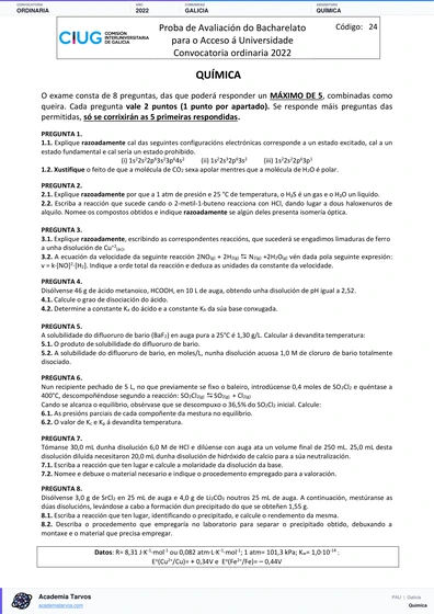 Vista previa de Examen PAU de Química de Galicia 2022 – Ordinaria