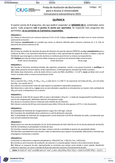 Vista previa de Examen PAU de Química de Galicia 2023 – Extraordinaria