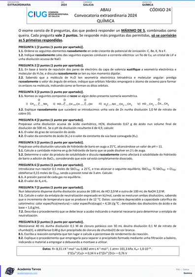 Vista previa de Examen PAU de Química de Galicia 2024 – Extraordinaria
