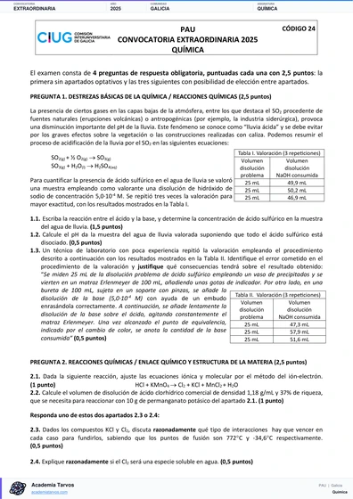 Vista previa de Examen PAU de Química de Galicia 2025 – Extraordinaria