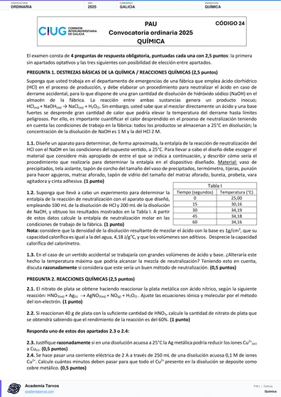 Vista previa de Examen PAU de Química de Galicia 2025 – Ordinaria