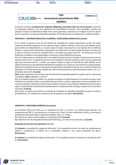 Vista previa de Examen PAU de Química de Galicia 2026 – Extraordinaria