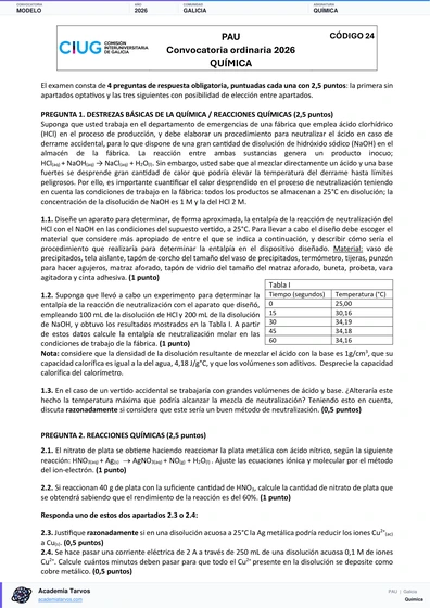 Vista previa de Modelo PAU de Química de Galicia 2026