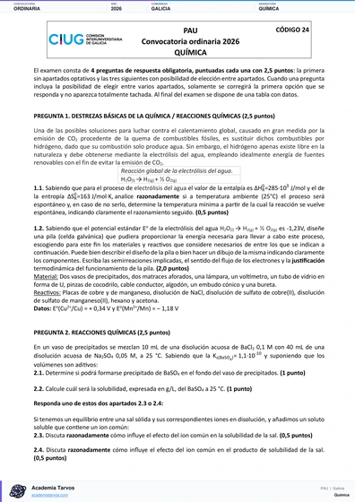 Vista previa de Examen PAU de Química de Galicia 2026 – Ordinaria