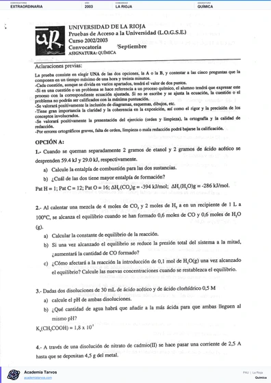 Vista previa de Examen PAU de Química de La Rioja 2003 – Extraordinaria