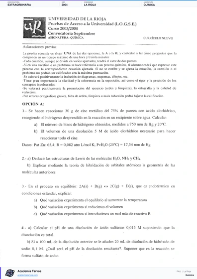 Vista previa de Examen PAU de Química de La Rioja 2004 – Extraordinaria