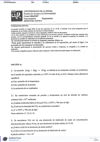 Vista previa de Examen PAU de Química de La Rioja 2007 – Extraordinaria