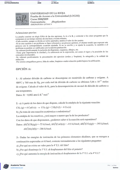 Vista previa de Examen PAU de Química de La Rioja 2009 – Extraordinaria