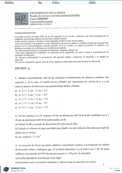 Vista previa de Examen PAU de Química de La Rioja 2009 – Ordinaria
