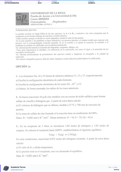 Vista previa de Examen PAU de Química de La Rioja 2010 – Extraordinaria